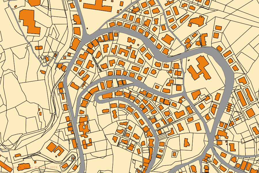 Mapa cadastral do centro de Atessa: parcelas e edifícios, cartografia da Agenzia delle Entrate