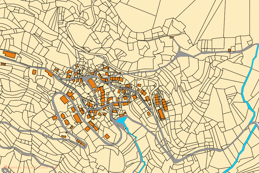 Mapa cadastral do centro de Attimis: parcelas e edifícios, cartografia da Agenzia delle Entrate