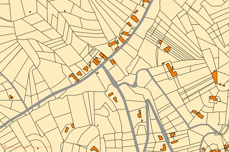 Mapa cadastral do centro de Azzano d'Asti: parcelas e edifícios, cartografia da Agenzia delle Entrate
