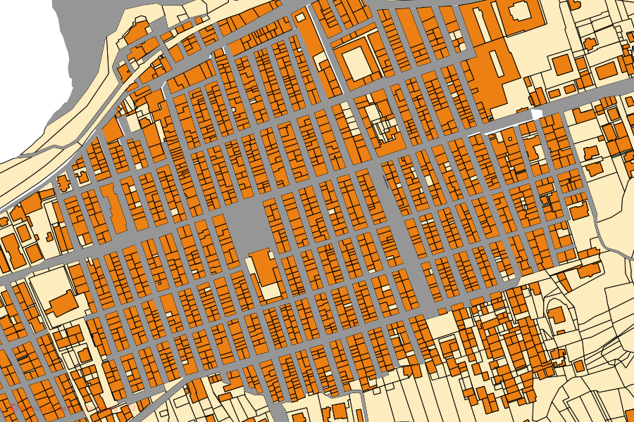 Mapa cadastral do centro de Balestrate: parcelas e edifícios, cartografia da Agenzia delle Entrate