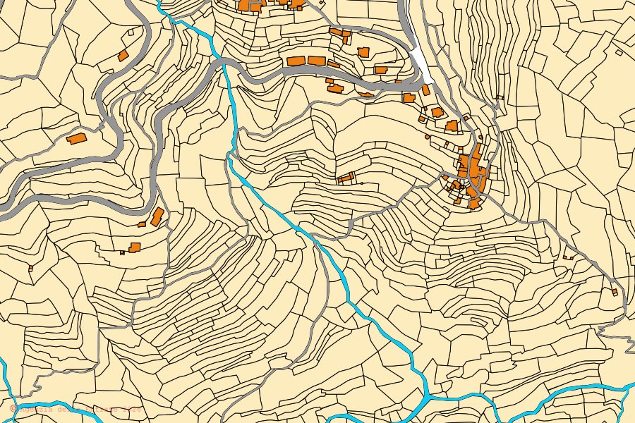 Mapa cadastral do centro de Balestrino: parcelas e edifícios, cartografia da Agenzia delle Entrate