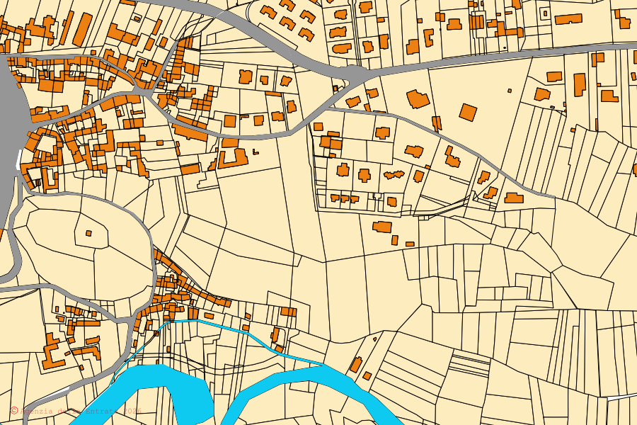 Mapa cadastral do centro de Barbania: parcelas e edifícios, cartografia da Agenzia delle Entrate