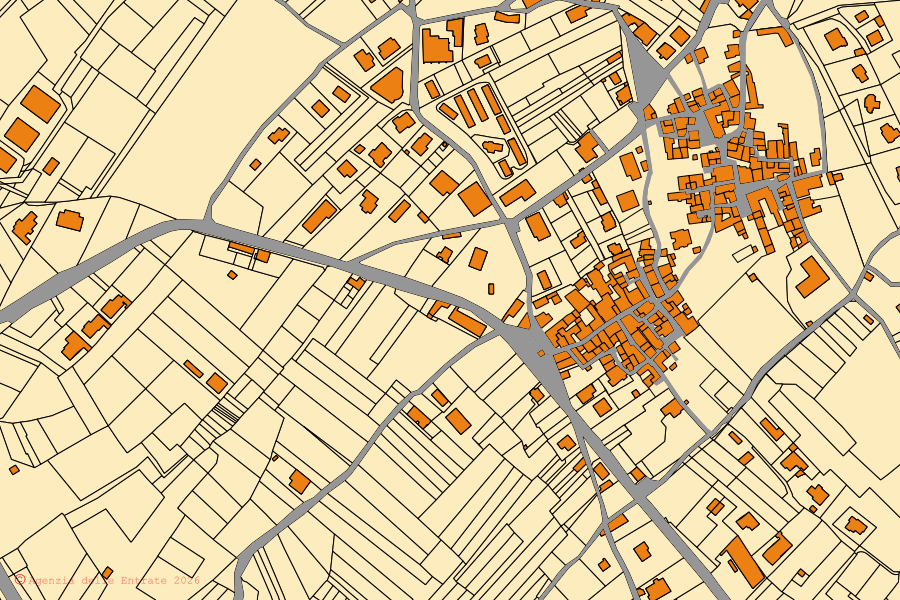 Mapa cadastral do centro de Barete: parcelas e edifícios, cartografia da Agenzia delle Entrate