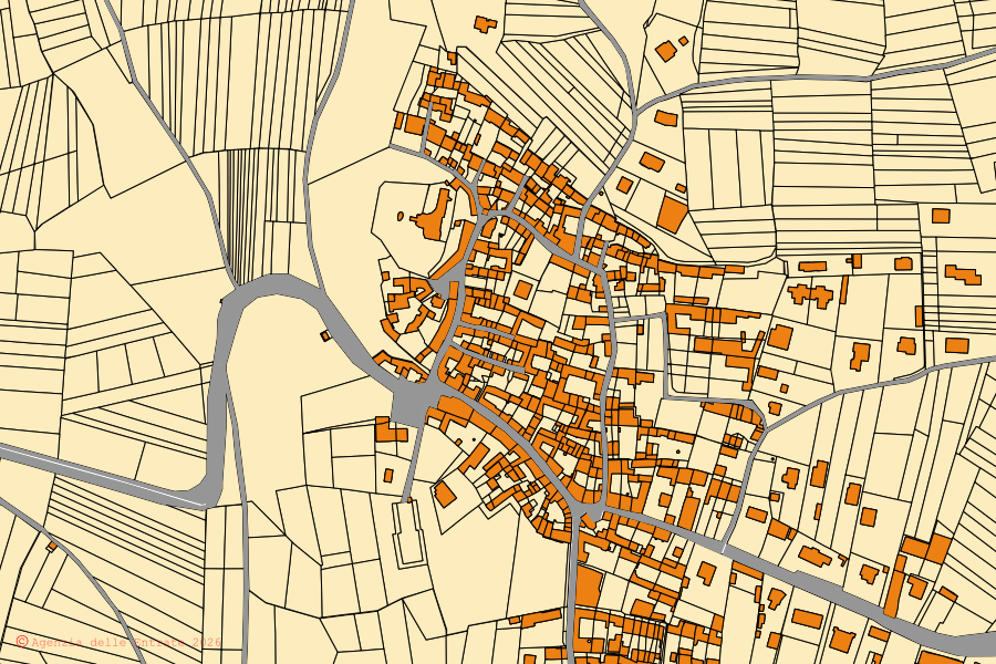 Mapa cadastral do centro de Barone Canavese: parcelas e edifícios, cartografia da Agenzia delle Entrate