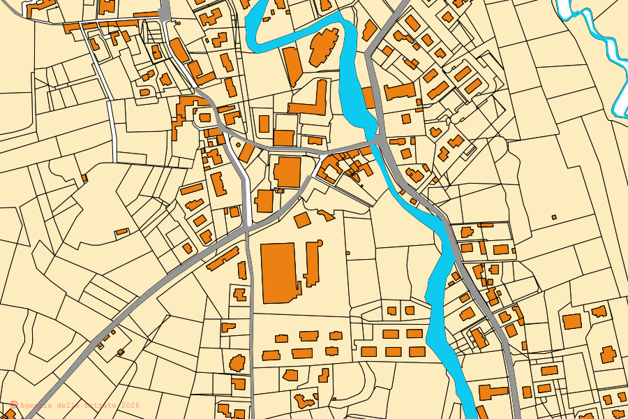 Mapa cadastral do centro de Barzana: parcelas e edifícios, cartografia da Agenzia delle Entrate
