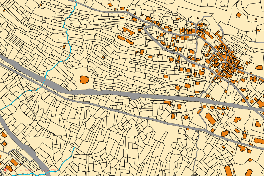 Mapa cadastral do centro de Bee: parcelas e edifícios, cartografia da Agenzia delle Entrate
