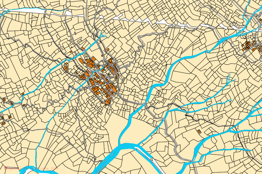 Mapa cadastral do centro de Bellano: parcelas e edifícios, cartografia da Agenzia delle Entrate