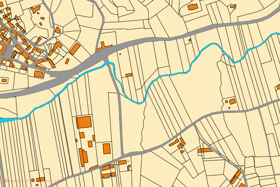 Mapa cadastral do centro de Belveglio: parcelas e edifícios, cartografia da Agenzia delle Entrate