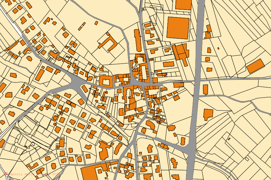 Mapa cadastral do centro de Beregazzo con Figliaro: parcelas e edifícios, cartografia da Agenzia delle Entrate