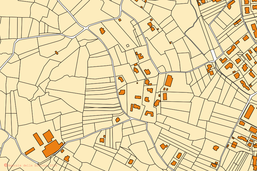 Mapa cadastral do centro de Biandronno: parcelas e edifícios, cartografia da Agenzia delle Entrate