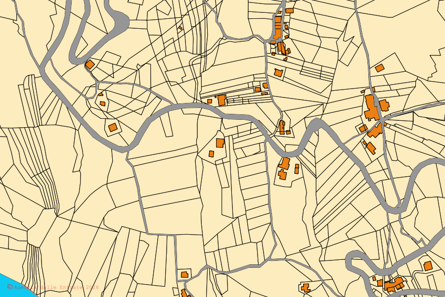 Mapa cadastral do centro de Bisenti: parcelas e edifícios, cartografia da Agenzia delle Entrate