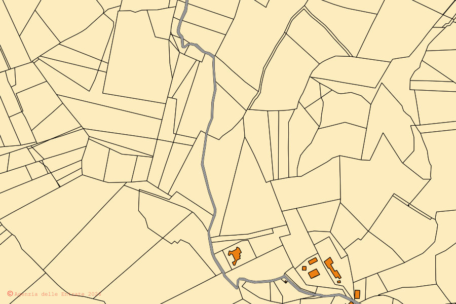Mapa cadastral do centro de Borgo Priolo: parcelas e edifícios, cartografia da Agenzia delle Entrate