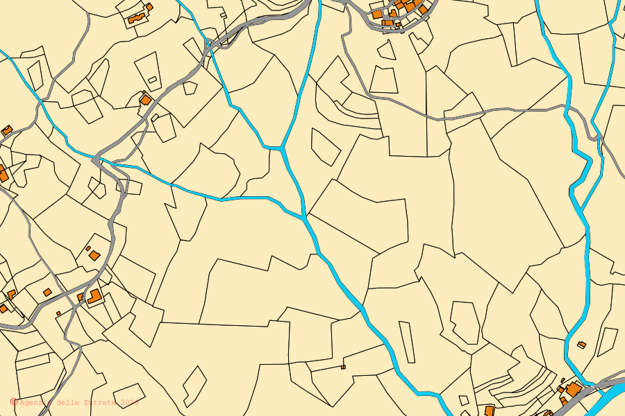 Mapa cadastral do centro de Bormida: parcelas e edifícios, cartografia da Agenzia delle Entrate