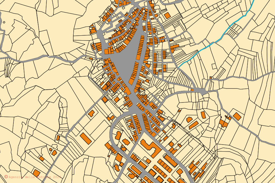 Mapa cadastral do centro de Borrello: parcelas e edifícios, cartografia da Agenzia delle Entrate