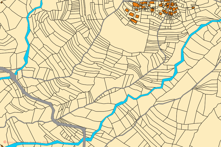 Mapa cadastral do centro de Brallo di Pregola: parcelas e edifícios, cartografia da Agenzia delle Entrate