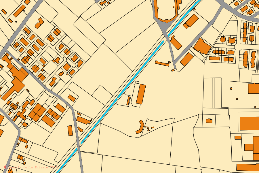 Mapa cadastral do centro de Brescello: parcelas e edifícios, cartografia da Agenzia delle Entrate