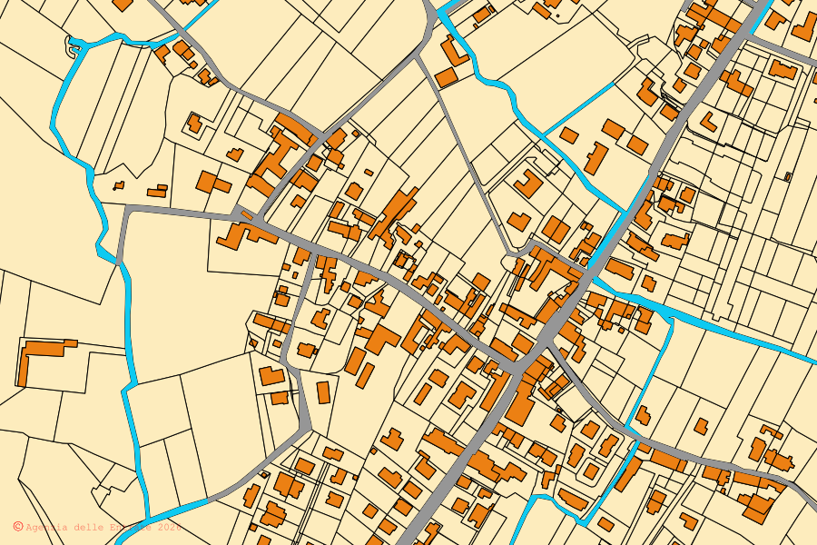 Mapa cadastral do centro de Bressanvido: parcelas e edifícios, cartografia da Agenzia delle Entrate