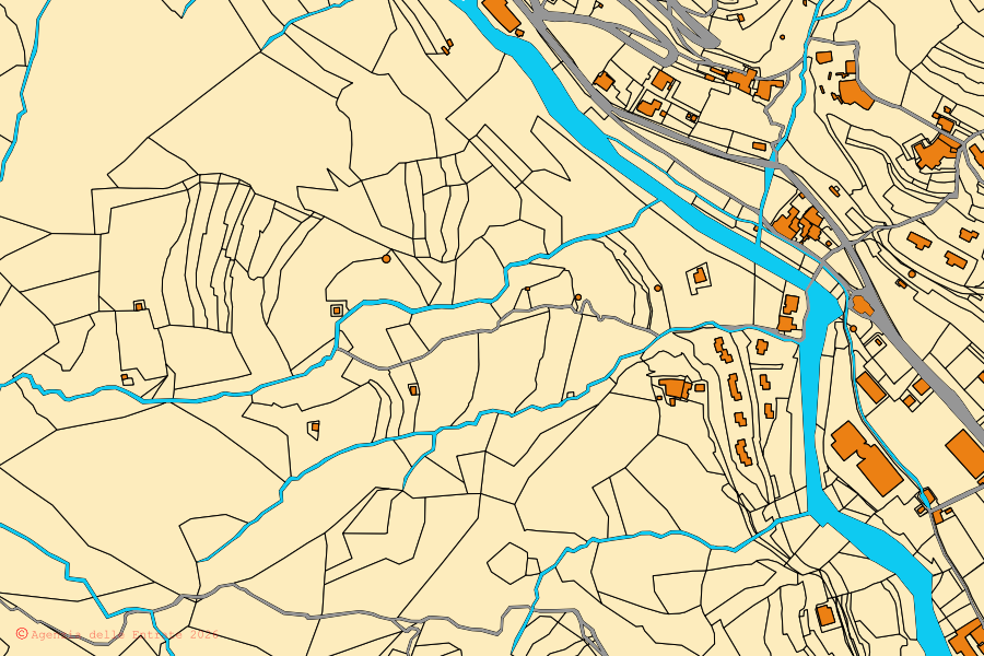 Mapa cadastral do centro de Calice Ligure: parcelas e edifícios, cartografia da Agenzia delle Entrate