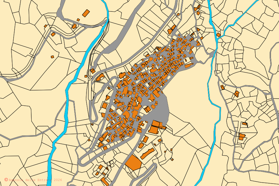 Mapa cadastral do centro de Calvera: parcelas e edifícios, cartografia da Agenzia delle Entrate