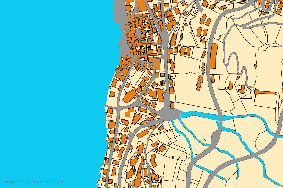 Mapa cadastral do centro de Campione d'Italia: parcelas e edifícios, cartografia da Agenzia delle Entrate
