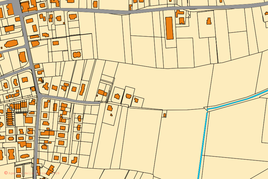 Mapa cadastral do centro de Campodoro: parcelas e edifícios, cartografia da Agenzia delle Entrate
