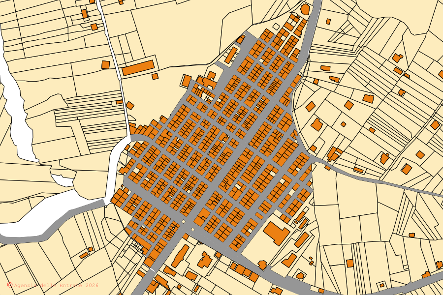 Mapa cadastral do centro de Campofiorito: parcelas e edifícios, cartografia da Agenzia delle Entrate