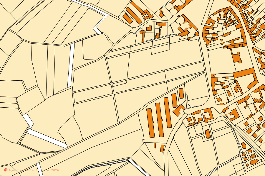 Mapa cadastral do centro de Campolongo Tapogliano: parcelas e edifícios, cartografia da Agenzia delle Entrate