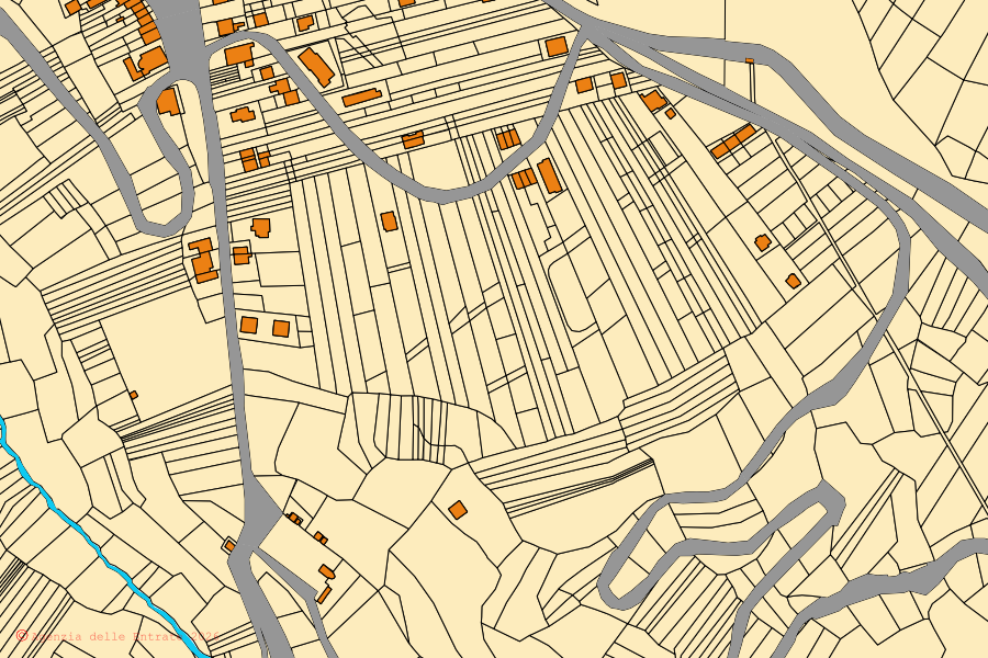Mapa cadastral do centro de Cansano: parcelas e edifícios, cartografia da Agenzia delle Entrate