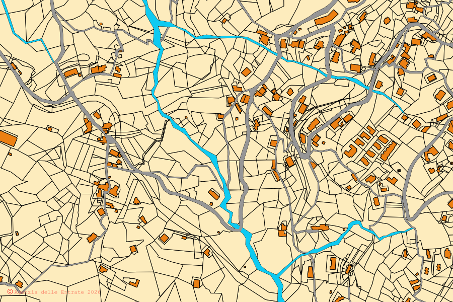 Mapa cadastral do centro de Capo d'Orlando: parcelas e edifícios, cartografia da Agenzia delle Entrate
