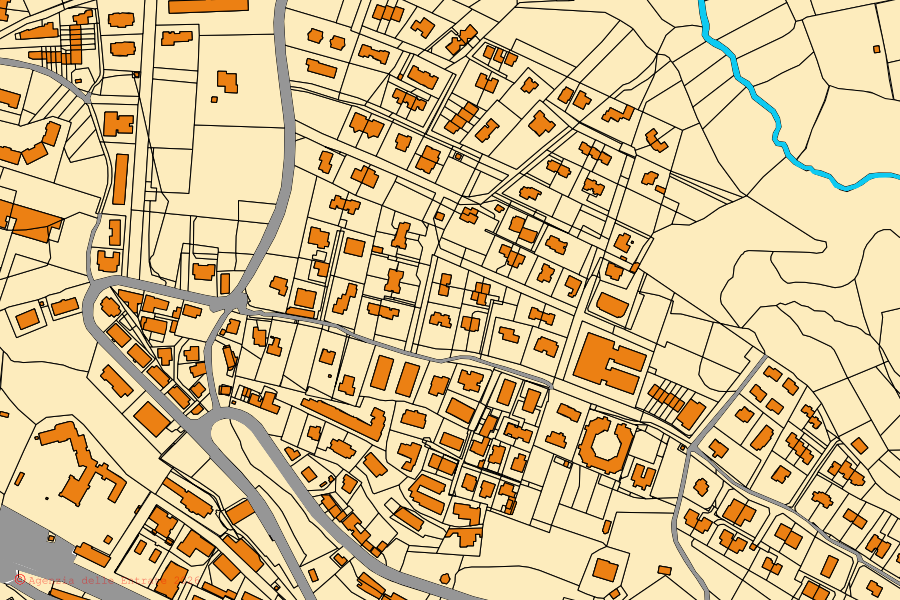 Mapa cadastral do centro de Capranica: parcelas e edifícios, cartografia da Agenzia delle Entrate