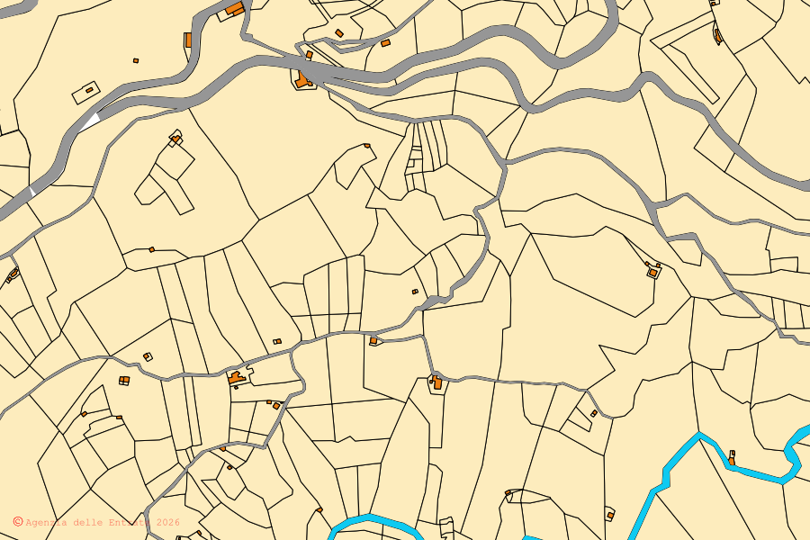 Mapa cadastral do centro de Carpanzano: parcelas e edifícios, cartografia da Agenzia delle Entrate