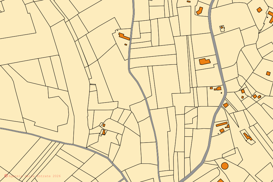 Mapa cadastral do centro de Carpeneto: parcelas e edifícios, cartografia da Agenzia delle Entrate