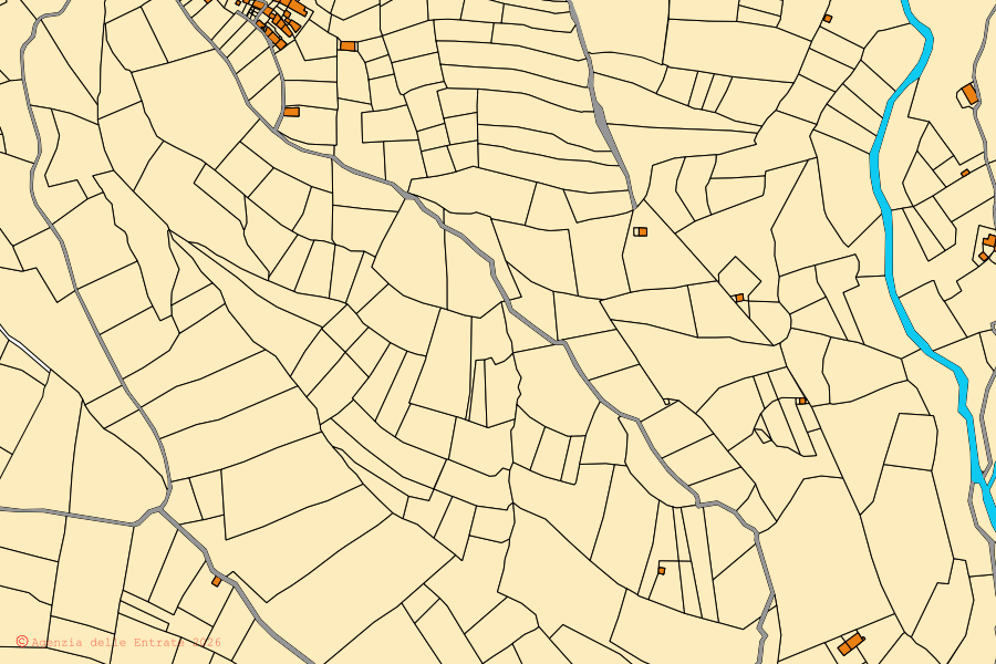 Mapa cadastral do centro de Cartignano: parcelas e edifícios, cartografia da Agenzia delle Entrate