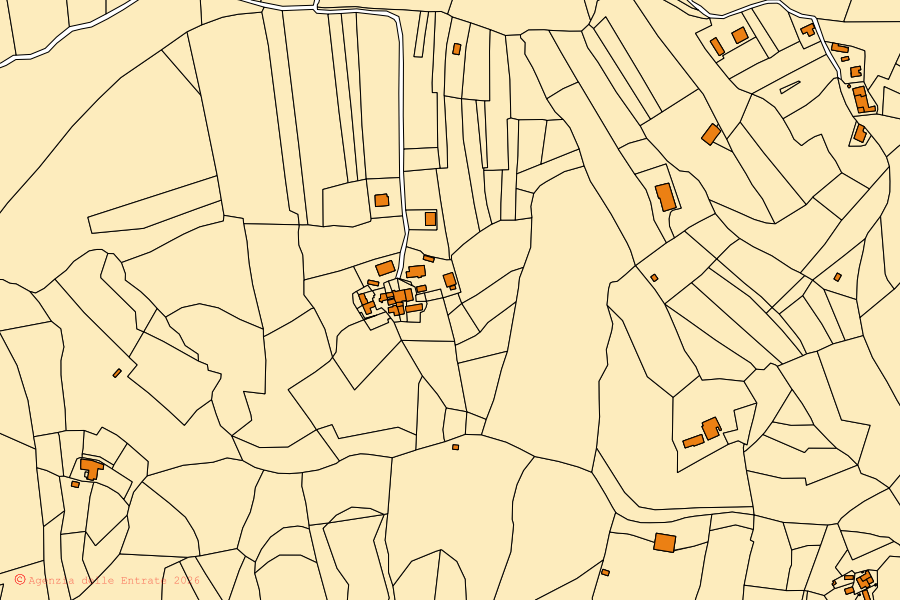 Mapa cadastral do centro de Casaleggio Boiro: parcelas e edifícios, cartografia da Agenzia delle Entrate