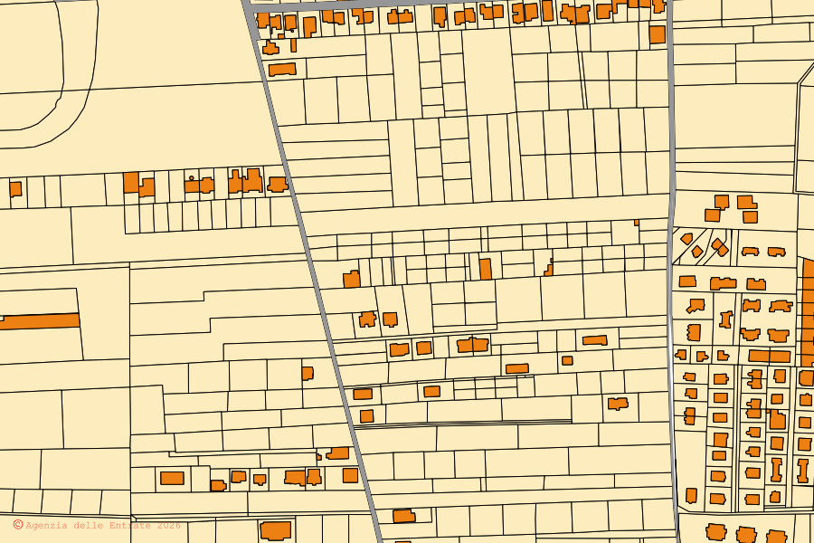 Mapa cadastral do centro de Casaluce: parcelas e edifícios, cartografia da Agenzia delle Entrate