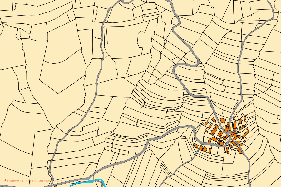 Mapa cadastral do centro de Casasco: parcelas e edifícios, cartografia da Agenzia delle Entrate