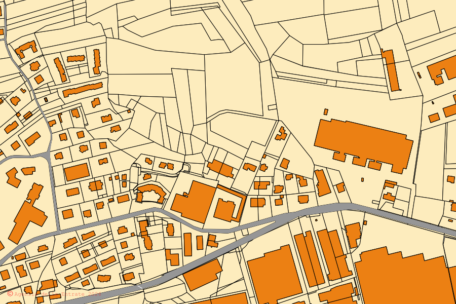Mapa cadastral do centro de Caselette: parcelas e edifícios, cartografia da Agenzia delle Entrate