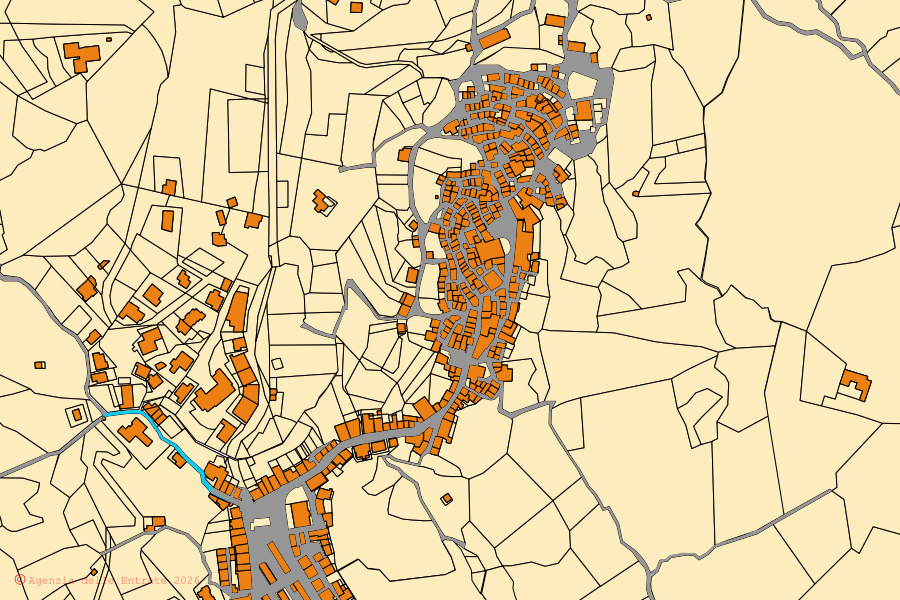 Mapa cadastral do centro de Casignana: parcelas e edifícios, cartografia da Agenzia delle Entrate