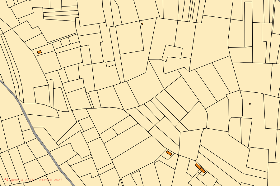 Mapa cadastral do centro de Casorzo Monferrato: parcelas e edifícios, cartografia da Agenzia delle Entrate