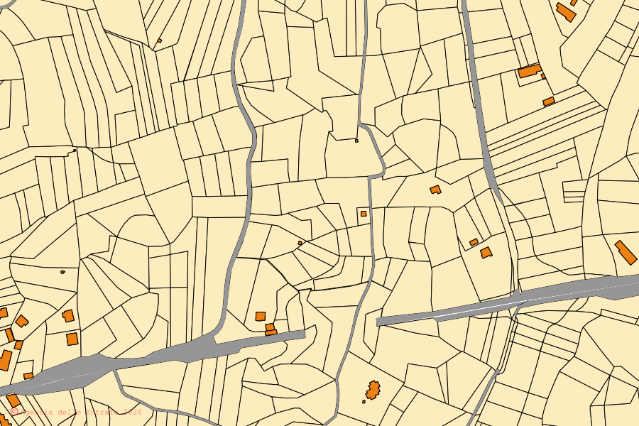 Mapa cadastral do centro de Castelnuovo Don Bosco: parcelas e edifícios, cartografia da Agenzia delle Entrate