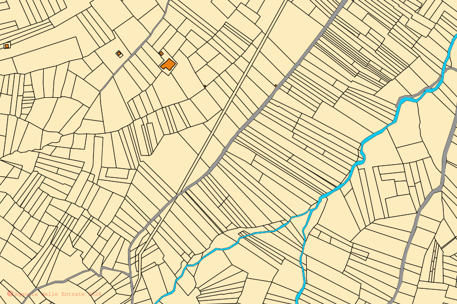 Mapa cadastral do centro de Castelvecchio Subequo: parcelas e edifícios, cartografia da Agenzia delle Entrate