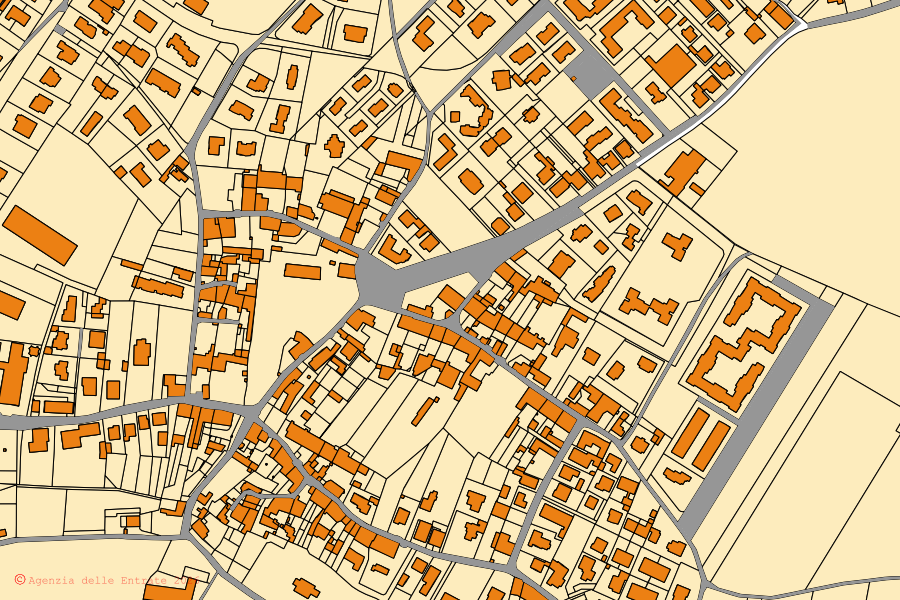 Mapa cadastral do centro de Cazzago San Martino: parcelas e edifícios, cartografia da Agenzia delle Entrate