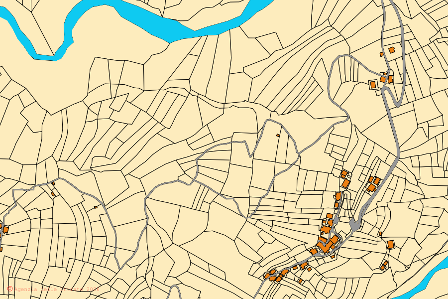 Mapa cadastral do centro de Cencenighe Agordino: parcelas e edifícios, cartografia da Agenzia delle Entrate