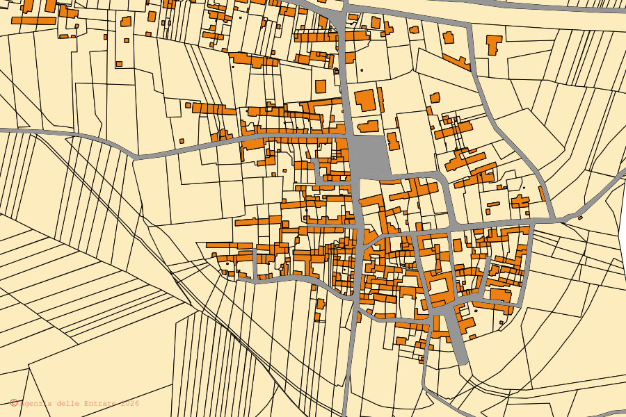 Mapa cadastral do centro de Cerro Tanaro: parcelas e edifícios, cartografia da Agenzia delle Entrate