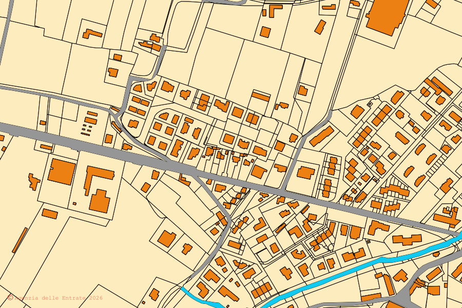 Mapa cadastral do centro de Chiarano: parcelas e edifícios, cartografia da Agenzia delle Entrate