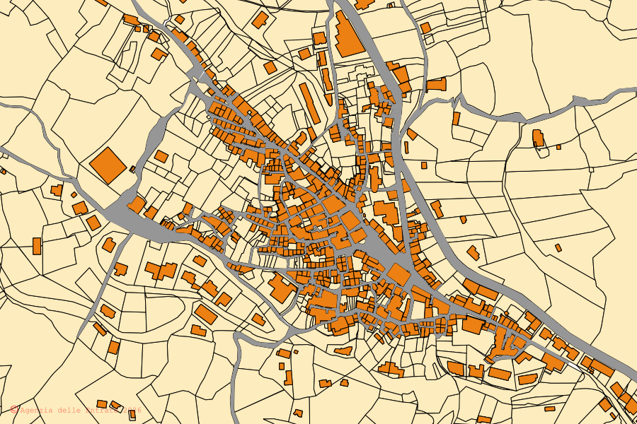 Mapa cadastral do centro de Cicala: parcelas e edifícios, cartografia da Agenzia delle Entrate