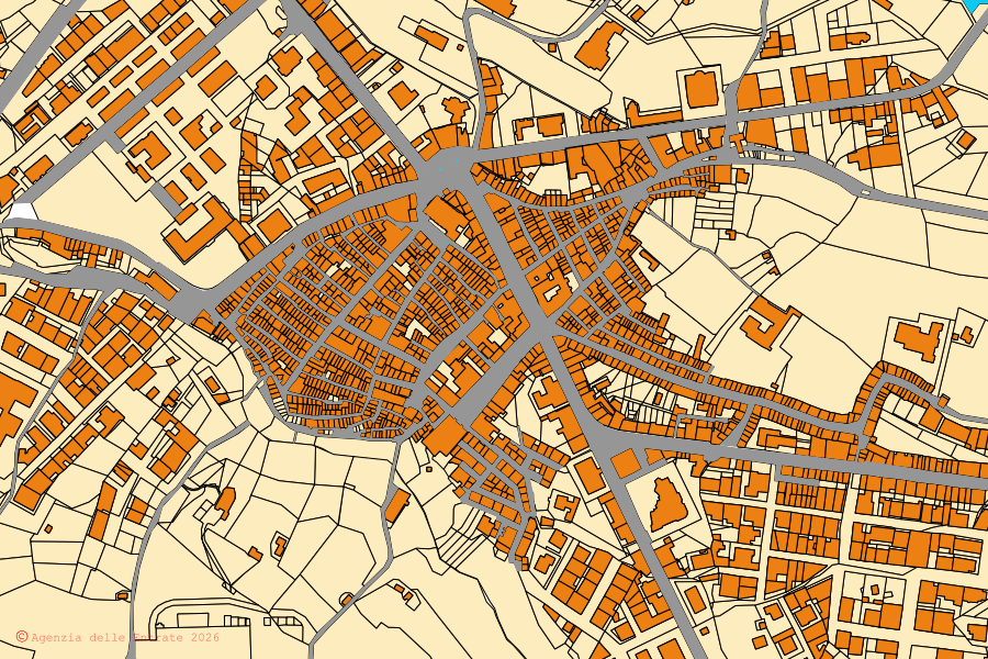Mapa cadastral do centro de Cinquefrondi: parcelas e edifícios, cartografia da Agenzia delle Entrate