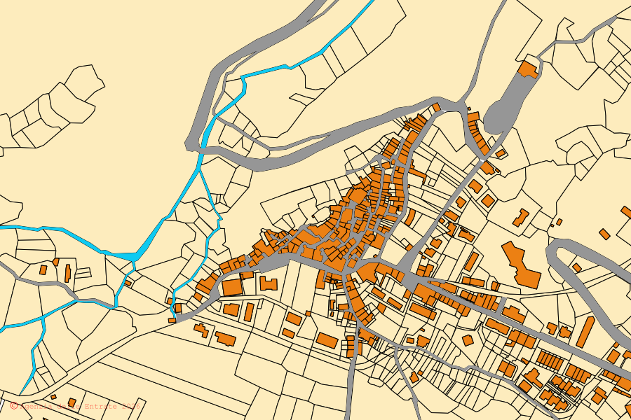 Mapa cadastral do centro de Civitella Alfedena: parcelas e edifícios, cartografia da Agenzia delle Entrate