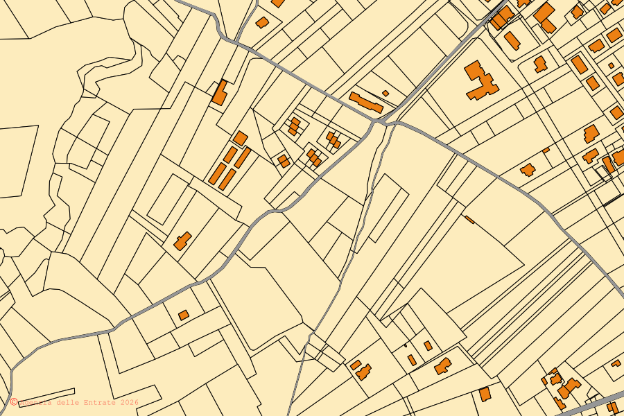 Mapa cadastral do centro de Civitella del Tronto: parcelas e edifícios, cartografia da Agenzia delle Entrate