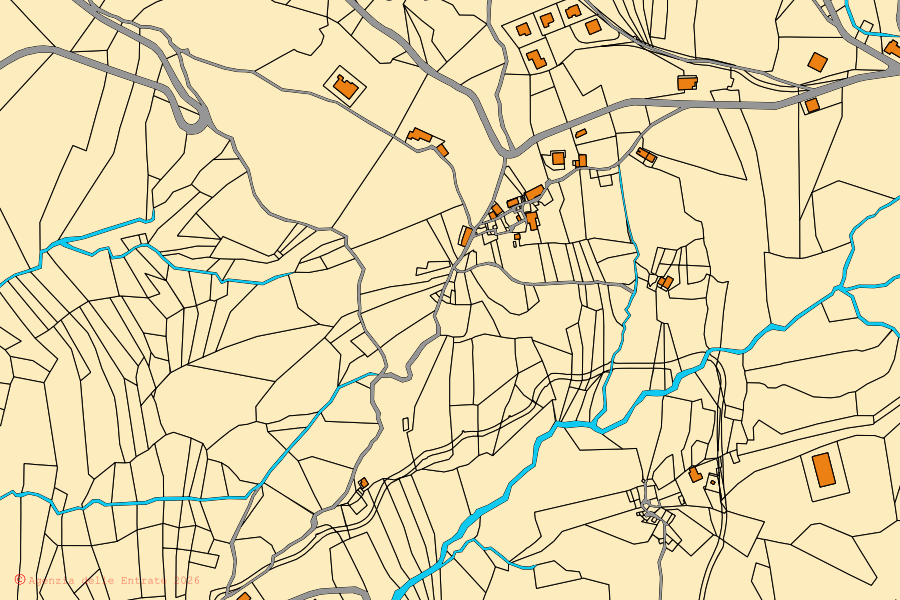 Mapa cadastral do centro de Clauzetto: parcelas e edifícios, cartografia da Agenzia delle Entrate